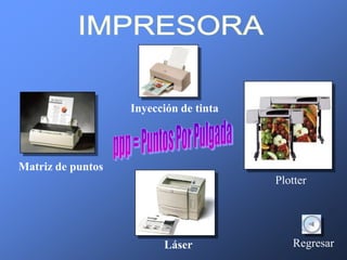 Inyección de tinta




Matriz de puntos
                                        Plotter




                         Láser             Regresar
 