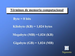 Términos de memoria computacional

 Byte = 8 bits

 Kilobyte (KB) = 1,024 bytes

 Megabyte (MB) =1,024 (KB)

 Gigabyte (GB) = 1,024 (MB)

                                Siguiente
 
