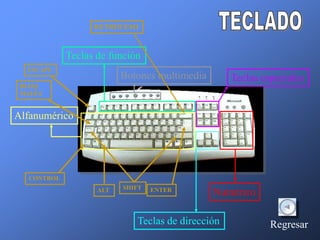 RETROCESO



            Teclas de función
  ESCAPE
                         Botones multimedia       Teclas especiales
 BLOQ
 MAYÚS


Alfanumérico




  CONTROL
                   ALT   SHIFT   ENTER
                                              Numérico

                            Teclas de dirección            Regresar
 