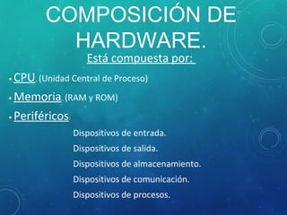 COMPOSICIÓN DE
HARDWARE.
Está compuesta por:
• CPU. (Unidad Central de Proceso)
• Memoria. (RAM y ROM)
• Periféricos:
Dispositivos de entrada.
Dispositivos de salida.
Dispositivos de almacenamiento.
Dispositivos de comunicación.
Dispositivos de procesos.
 