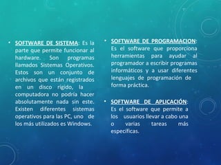 • SOFTWARE DE SISTEMA: Es la
parte que permite funcionar al
hardware. Son programas
llamados Sistemas Operativos.
Estos son un conjunto de
archivos que están registrados
en un disco rígido, la
computadora no podría hacer
absolutamente nada sin este.
Existen diferentes sistemas
operativos para las PC, uno de
los más utilizados es Windows.
• SOFTWARE DE PROGRAMACION:
Es el software que proporciona
herramientas para ayudar al
programador a escribir programas
informáticos y a usar diferentes
lenguajes de programación de
forma práctica.
• SOFTWARE DE APLICACIÓN:
Es el software que permite a
los usuarios llevar a cabo una
o varias tareas más
específicas.
 