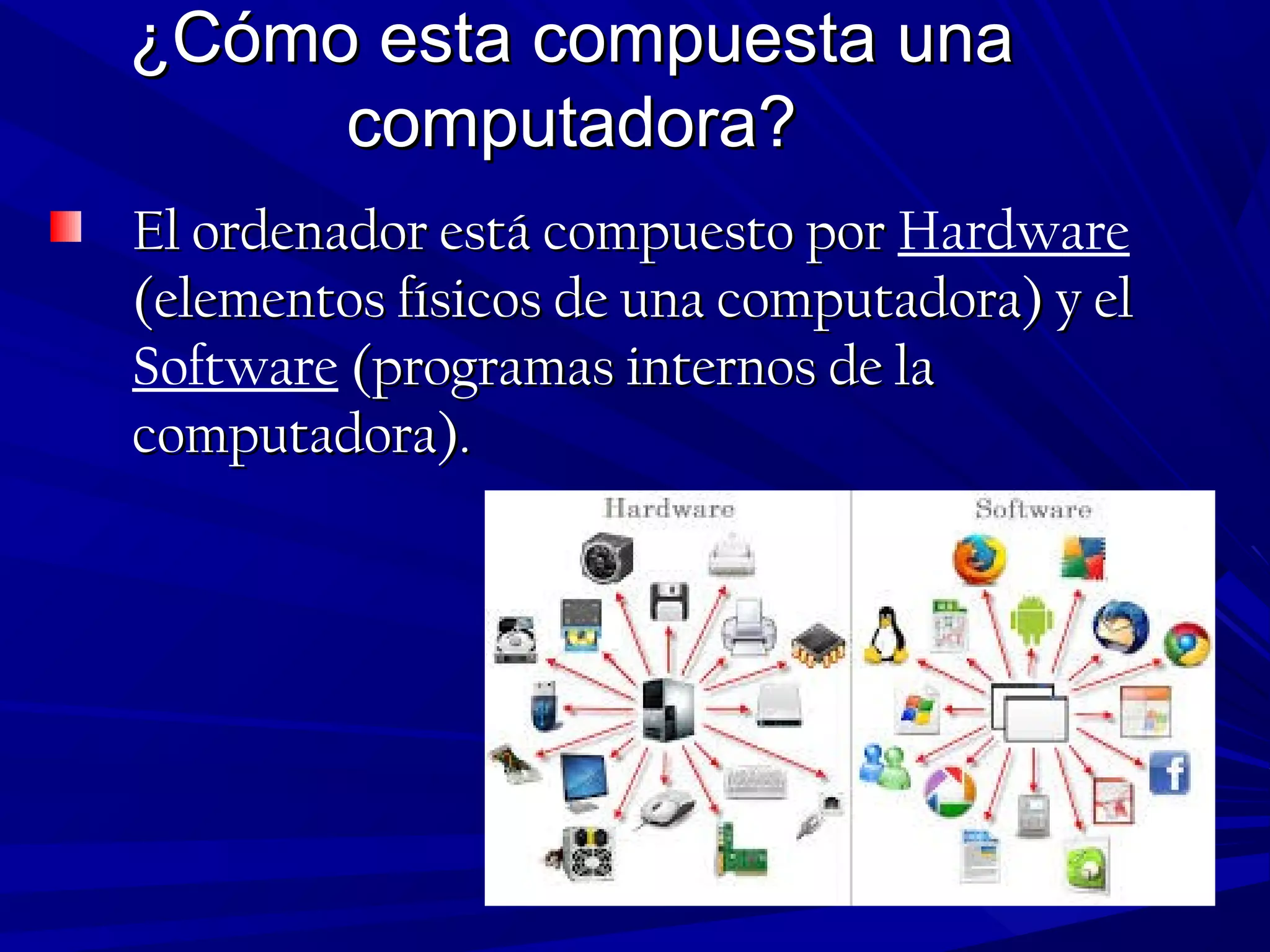 ¿Cómo esta compuesta una¿Cómo esta compuesta una
computadora?computadora?
El ordenador está compuesto porEl ordenador está compuesto por Hardware
(elementos físicos de una computadora) y el(elementos físicos de una computadora) y el
Software (programas internos de la(programas internos de la
computadora).computadora).
 