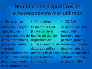 Nombrar tres dispositivos de
almacenamiento mas utilizado
• Disco duro:
Disco con una gran
capacidad de
almacenamiento de
datos informáticos
que se encuentra
insertado
permanentemente
en la unidad central
de procesamiento
de la computadora.
• Pen drive:
La memoria USB
(Universal Serial
Bus) es un tipo de
dispositivo de
almacenamiento de
datos que utiliza
memoria flash para
guardar datos e
información.
• CD-RW:
es un tipo de DVD
regrabable o
borrable, que
permite grabar y
borrar un número
determinado de
veces. La capacidad
estándar es de 4,7
gigabytes (GB).
 
