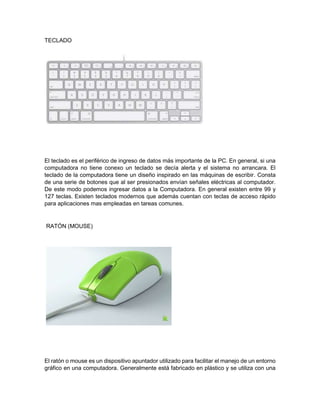 TECLADO
El teclado es el periférico de ingreso de datos más importante de la PC. En general, si una
computadora no tiene conexo un teclado se decía alerta y el sistema no arrancara. El
teclado de la computadora tiene un diseño inspirado en las máquinas de escribir. Consta
de una serie de botones que al ser presionados envían señales eléctricas al computador.
De este modo podemos ingresar datos a la Computadora. En general existen entre 99 y
127 teclas. Existen teclados modernos que además cuentan con teclas de acceso rápido
para aplicaciones mas empleadas en tareas comunes.
RATÓN (MOUSE)
El ratón o mouse es un dispositivo apuntador utilizado para facilitar el manejo de un entorno
gráfico en una computadora. Generalmente está fabricado en plástico y se utiliza con una
 