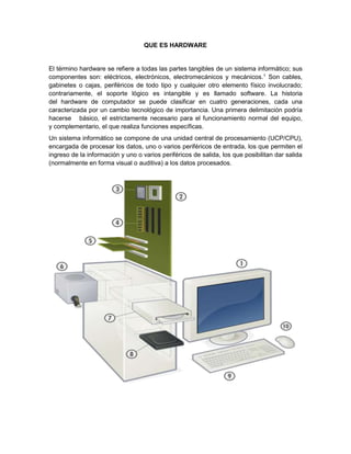 QUE ES HARDWARE
El término hardware se refiere a todas las partes tangibles de un sistema informático; sus
componentes son: eléctricos, electrónicos, electromecánicos y mecánicos.1
Son cables,
gabinetes o cajas, periféricos de todo tipo y cualquier otro elemento físico involucrado;
contrariamente, el soporte lógico es intangible y es llamado software. La historia
del hardware de computador se puede clasificar en cuatro generaciones, cada una
caracterizada por un cambio tecnológico de importancia. Una primera delimitación podría
hacerse básico, el estrictamente necesario para el funcionamiento normal del equipo,
y complementario, el que realiza funciones específicas.
Un sistema informático se compone de una unidad central de procesamiento (UCP/CPU),
encargada de procesar los datos, uno o varios periféricos de entrada, los que permiten el
ingreso de la información y uno o varios periféricos de salida, los que posibilitan dar salida
(normalmente en forma visual o auditiva) a los datos procesados.
 