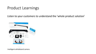 Product Learnings
Listen to your customers to understand the ‘whole product solution’
Intelligent whiteboard camera Differ...