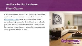 An Easy-To-Use Laminate
Floor Cleaner
If your home alsohas laminatefloorsin additionto woodfloors,
you’ll needa product that can be used onboth surfaces. A
laminatefloorcleaner should providelastingresultswith
minimalcare. Rejuvenate’sNo-BucketFloor Cleanerwillmake
your floors new again, nomatterthe surface. The easy-to-use
laminate floorcleaner features a patented formula thatgetsrid
ofdirt,grimeand debrisin no time.
 