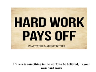 If there is something in the world to be believed, its your
own hard work
SMART WORK MAKES IT BETTER
 