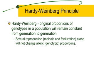 Hardy-Weinberg Principle Hardy-Weinberg - original proportions of  genotypes in a population will remain constant from generation to generation Sexual reproduction (meiosis and fertilization) alone will not change allelic (genotypic) proportions. 
