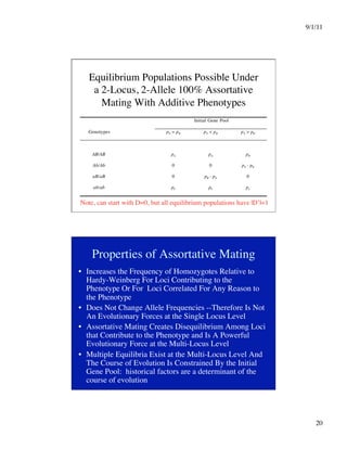 9/1/11

20

Equilibrium Populations Possible Under
a 2-Locus, 2-Allele 100% Assortative
Mating With Additive Phenotypes
Initial Gene Pool
Genotypes pA = pB pA  pB pA  pB
AB/AB pA pA pB
Ab/Ab 0 0 pA - pB
aB/aB 0 pB - pA 0
ab/ab pb pb pa
Note, can start with D=0, but all equilibrium populations have |D’|=1

Properties of Assortative Mating
•  Increases the Frequency of Homozygotes Relative to
Hardy-Weinberg For Loci Contributing to the
Phenotype Or For Loci Correlated For Any Reason to
the Phenotype
•  Does Not Change Allele Frequencies --Therefore Is Not
An Evolutionary Forces at the Single Locus Level
•  Assortative Mating Creates Disequilibrium Among Loci
that Contribute to the Phenotype and Is A Powerful
Evolutionary Force at the Multi-Locus Level
•  Multiple Equilibria Exist at the Multi-Locus Level And
The Course of Evolution Is Constrained By the Initial
Gene Pool: historical factors are a determinant of the
course of evolution
 