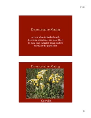 9/1/11

23

Disassortative Mating
occurs when individuals with
dissimilar phenotypes are more likely
to mate than expected under random
pairing in the population
Disassortative Mating
Cowslip
 