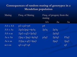 Consequences of random mating of genotypes in aConsequences of random mating of genotypes in a
Mendelian populationMendelian population
MatingMating Freq. of MatingFreq. of Mating Freq. of progeny from theFreq. of progeny from the
matingmating
AAAA AaAa AaAa
AA x AAAA x AA p2 x p2=p4p2 x p2=p4 p4p4
AA x AaAA x Aa 2(p2x2pq)=4p3q2(p2x2pq)=4p3q 2p3q2p3q 2p3q2p3q
AA x aaAA x aa 2(p2 x q2)=2p2q22(p2 x q2)=2p2q2 2p2q22p2q2
Aa x AaAa x Aa (2pq x 2pq)=4p2q2(2pq x 2pq)=4p2q2 p2q2p2q2 2p2q22p2q2 P2q2P2q2
Aa x aaAa x aa 2(2pq x q2)=4pq32(2pq x q2)=4pq3 2pq32pq3 2pq32pq3
aa x aaaa x aa q2 x q2=q4q2 x q2=q4 q4q4
 