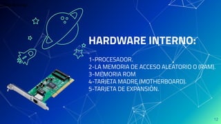 HARDWARE INTERNO:
1-PROCESADOR.
2-LA MEMORIA DE ACCESO ALEATORIO O (RAM).
3-MEMORIA ROM
4-TARJETA MADRE (MOTHERBOARD).
5-TARJETA DE EXPANSIÓN.
12
Tape Backup
 