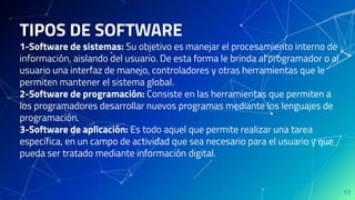 TIPOS DE SOFTWARE
1-Software de sistemas: Su objetivo es manejar el procesamiento interno de
información, aislando del usuario. De esta forma le brinda al programador o al
usuario una interfaz de manejo, controladores y otras herramientas que le
permiten mantener el sistema global.
2-Software de programación: Consiste en las herramientas que permiten a
los programadores desarrollar nuevos programas mediante los lenguajes de
programación.
3-Software de aplicación: Es todo aquel que permite realizar una tarea
específica, en un campo de actividad que sea necesario para el usuario y que
pueda ser tratado mediante información digital.
17
 