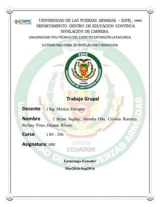 UNIVERSIDAD DE LAS FUERZAS ARMADAS – ESPE
DEPARTAMENTO CENTRO DE EDUCACION CONTINUA
NIVELACIÓN DE CARRERA
UNIVERSIDAD POLITÉCNICA DEL EJERCITO EXTENSIÓN LATACUNGA
SISTEMA NACIONAL DE NIVELACION Y ADMICION
Trabajo Grupal
Docente : Ing. Mónica Enríquez
Nombre : Bryan Sagñay, Alondra Oña, Cristina Ramirez,
Stefany Pinto, Dayana Rivera.
Curso : B1– 206
Asignatura: UBV
Latacunga-Ecuador
Mar2016-Sep2016
 