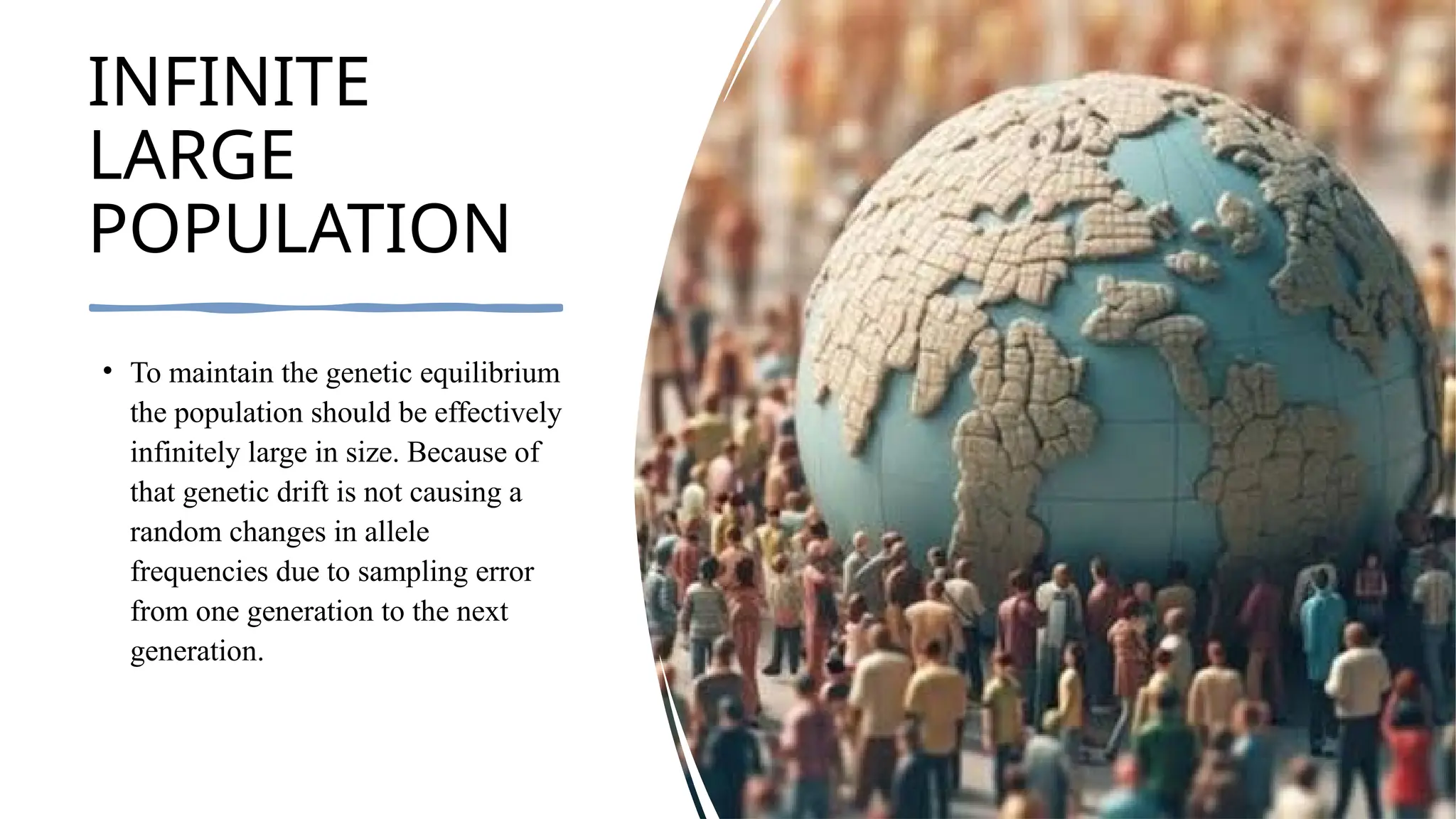 INFINITE
LARGE
POPULATION
• To maintain the genetic equilibrium
the population should be effectively
infinitely large in size. Because of
that genetic drift is not causing a
random changes in allele
frequencies due to sampling error
from one generation to the next
generation.
 