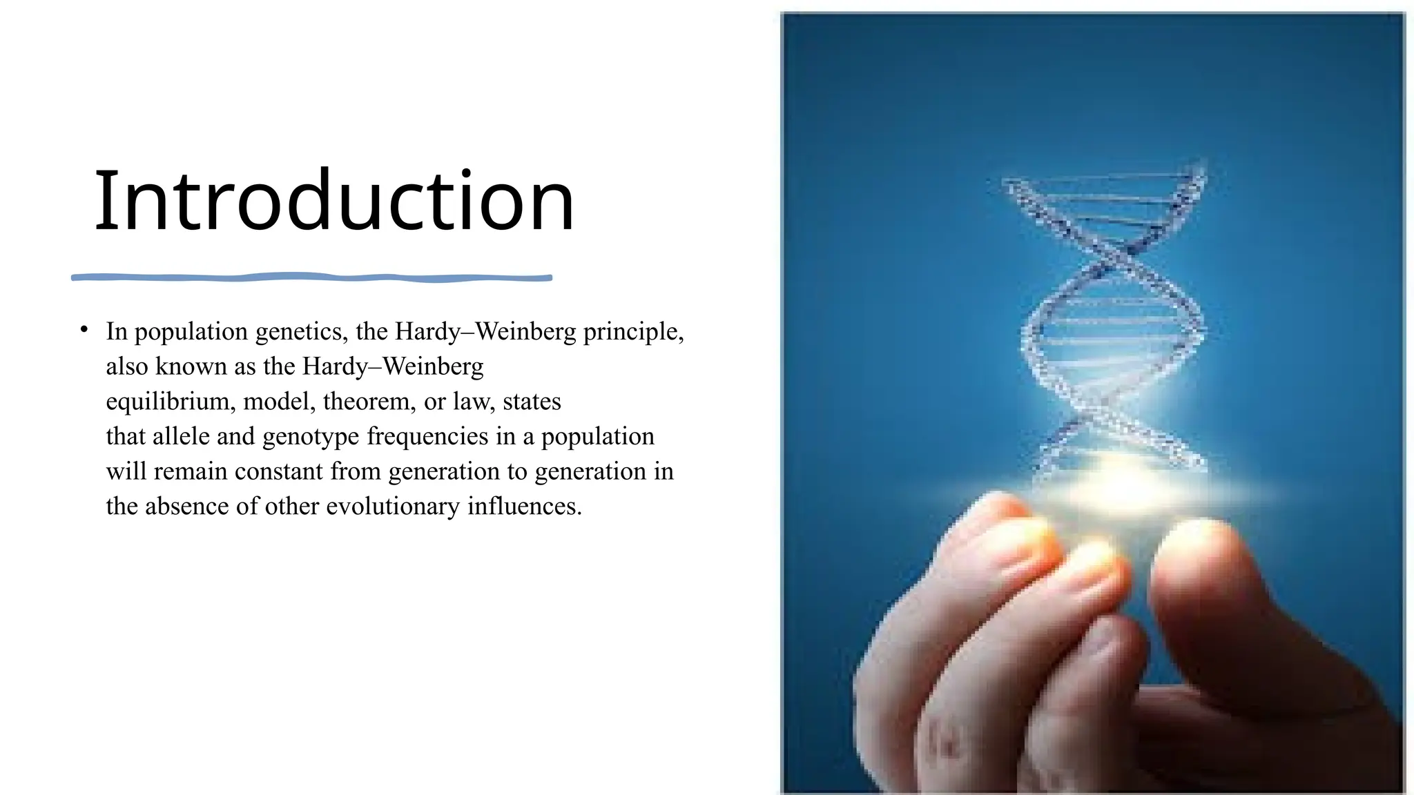 Introduction
• In population genetics, the Hardy–Weinberg principle,
also known as the Hardy–Weinberg
equilibrium, model, theorem, or law, states
that allele and genotype frequencies in a population
will remain constant from generation to generation in
the absence of other evolutionary influences.
 
