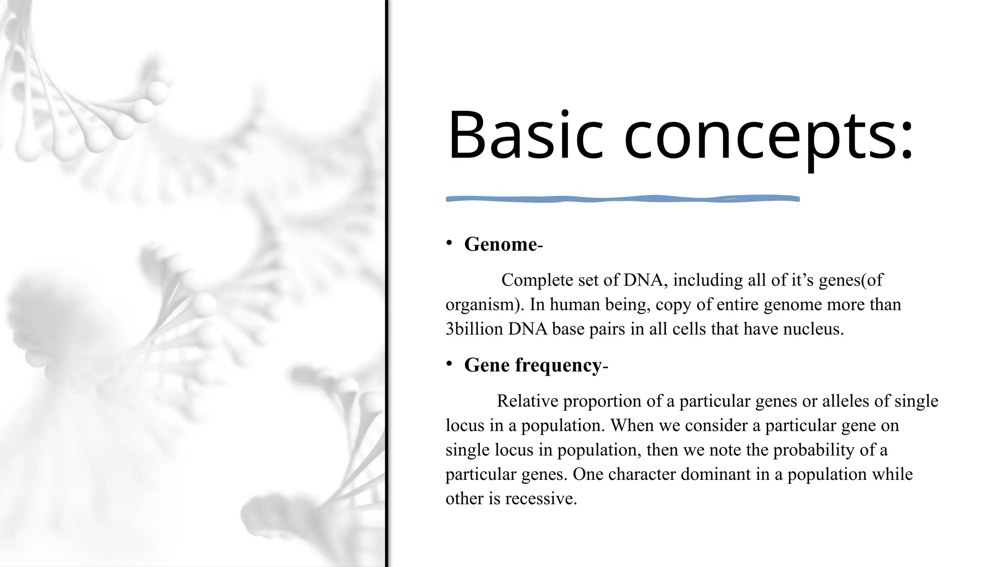 Basic concepts:
• Genome-
Complete set of DNA, including all of it’s genes(of
organism). In human being, copy of entire genome more than
3billion DNA base pairs in all cells that have nucleus.
• Gene frequency-
Relative proportion of a particular genes or alleles of single
locus in a population. When we consider a particular gene on
single locus in population, then we note the probability of a
particular genes. One character dominant in a population while
other is recessive.
 