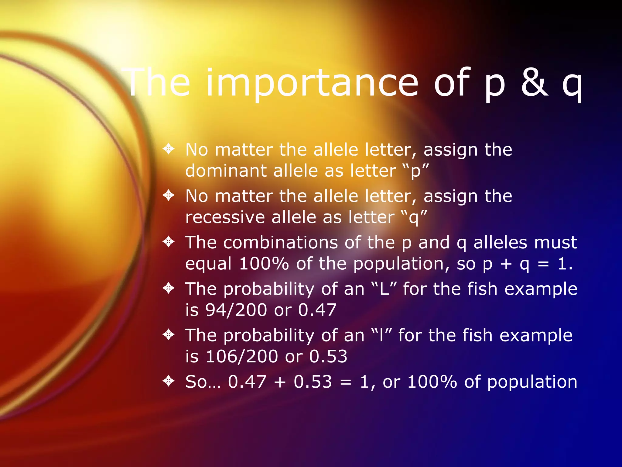 The importance of p & q No matter the allele letter, assign the dominant allele as letter “p” No matter the allele letter, assign the recessive allele as letter “q” The combinations of the p and q alleles must equal 100% of the population, so p + q = 1. The probability of an “L” for the fish example is 94/200 or 0.47 The probability of an “l” for the fish example is 106/200 or 0.53 So… 0.47 + 0.53 = 1, or 100% of population 