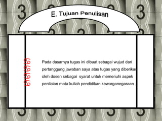  Pada dasarnya tugas ini dibuat sebagai wujud dari
 pertanggung jawaban saya atas tugas yang diberikan
 oleh dosen sebagai syarat untuk memenuhi aspek
 penilaian mata kuliah pendidikan kewarganegaraan .
 