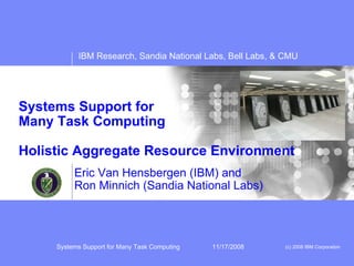 Systems Support for Many Task Computing Holistic Aggregate Resource Environment Eric Van Hensbergen (IBM) and Ron Minnich (Sandia National Labs) 