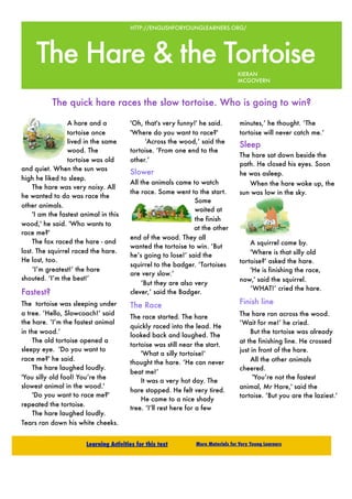 HTTP://ENGLISHFORYOUNGLEARNERS.ORG/




     The Hare & the Tortoise                                                       KIERAN
                                                                                   MCGOVERN



           The quick hare races the slow tortoise. Who is going to win?

                 A hare and a            'Oh, that's very funny!' he said.          minutes,’ he thought. ‘The
                 tortoise once           'Where do you want to race?'               tortoise will never catch me.‘
                 lived in the same            ‘Across the wood,’ said the
                                                                                    Sleep
                 wood. The               tortoise. ‘From one end to the
                                                                                    The hare sat down beside the
                 tortoise was old        other.’
                                                                                    path. He closed his eyes. Soon
and quiet. When the sun was
                                         Slower                                     he was asleep.
high he liked to sleep.
                                         All the animals came to watch                 When the hare woke up, the
	 The hare was very noisy. All
                                         the race. Some went to the start.          sun was low in the sky.
he wanted to do was race the
                                                                Some
other animals.
                                                                waited at
	 'I am the fastest animal in this
                                                                the finish
wood,' he said. 'Who wants to
                                                                at the other
race me?' 	
                                         end of the wood. They all                  !
    The fox raced the hare - and                                                           A squirrel came by.
                                         wanted the tortoise to win. ‘But
lost. The squirrel raced the hare.                                                  
      'Where is that silly old
                                         he’s going to lose!’ said the
He lost, too.                                                                         tortoise?' asked the hare.
                                         squirrel to the badger. ‘Tortoises
    ‘I’m greatest!’ the hare                                                          
    'He is finishing the race,
                                         are very slow.’
shouted. ‘I’m the best!’                                                                now,' said the squirrel.
                                             ‘But they are also very
                                                                                           ‘WHAT!’ cried the hare.
Fastest?                                 clever,’ said the Badger.
The tortoise was sleeping under          The Race                                   Finish line
a tree. ‘Hello, Slowcoach!’ said                                                    The hare ran across the wood.
                                         The race started. The hare
the hare. ‘I’m the fastest animal                                                   ‘Wait for me!’ he cried.
                                         quickly raced into the lead. He
in the wood.’                                                                       	 But the tortoise was already
                                         looked back and laughed. The
       The old tortoise opened a                                                    at the finishing line. He crossed
                                         tortoise was still near the start.
sleepy eye. 'Do you want to                                                         just in front of the hare.
                                         
     'What a silly tortoise!'
race me?' he said.                                                                        All the other animals
                                           thought the hare. ‘He can never

      The hare laughed loudly.                                                     cheered.
                                           beat me!’
  'You silly old fool! You’re the                                                   
      'You’re not the fastest
                                               It was a very hot day. The
  slowest animal in the wood.'                                                        animal, Mr Hare,' said the
                                           hare stopped. He felt very tired.
     loremyou want to race me?'
       'Do ipsum dolor met set                                                        tortoise. ‘But you are the laziest.’
                                               He came to a nice shady
     quam nunc parum
  repeated the tortoise.
                                           tree. ‘I’ll rest here for a few


           2009
  
    The hare laughed loudly.
    Tears ran down his white cheeks.


                        Learning Activities for this text        More Materials for Very Young Learners
 