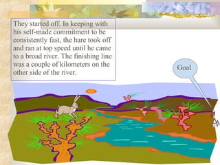 They started off. In keeping with his self-made commitment to be consistently fast, the hare took off and ran at top speed until he came to a broad river. The finishing line was a couple of kilometers on the other side of the river.  Goal 
