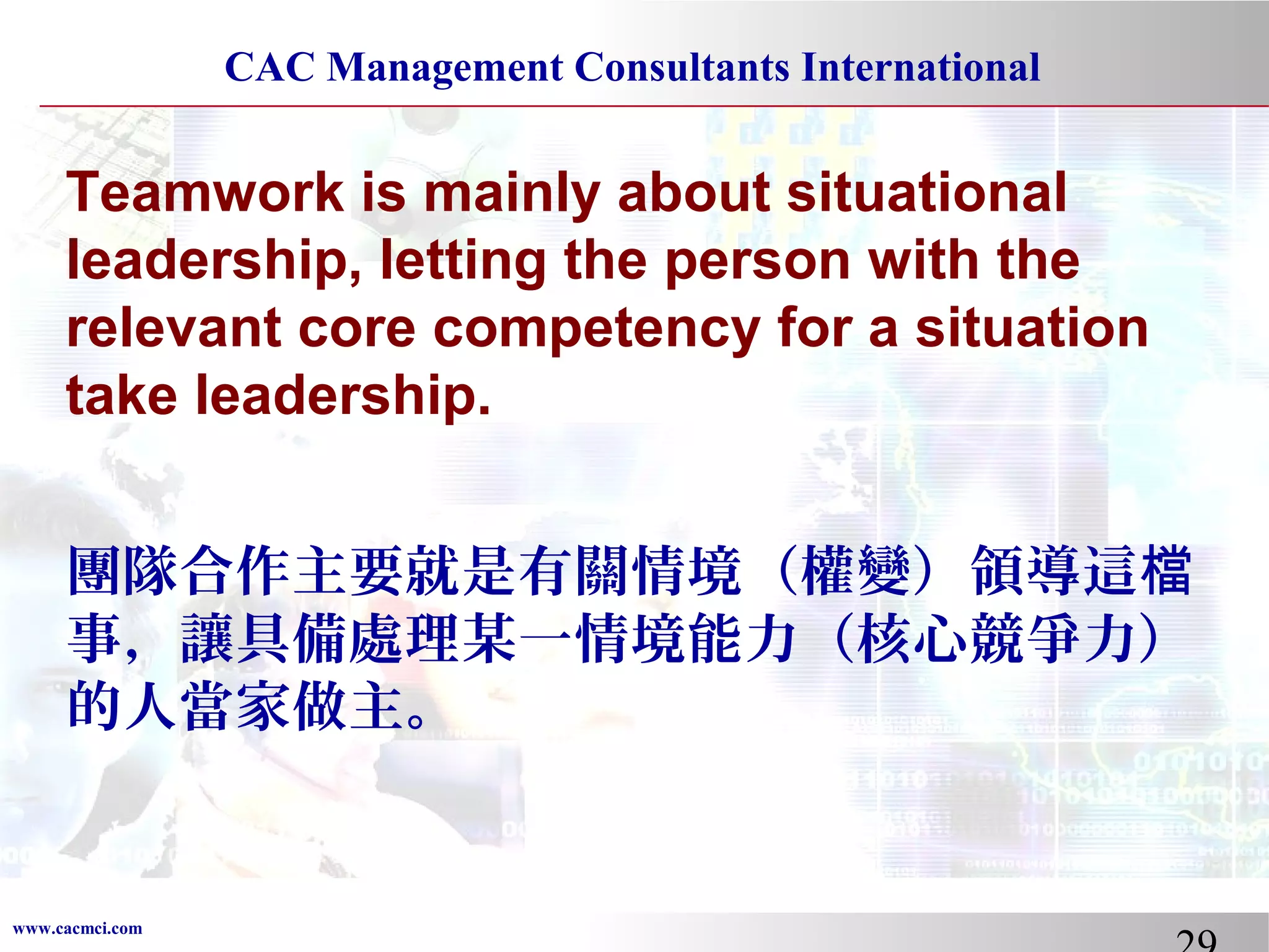 CAC Management Consultants International

Teamwork is mainly about situational
leadership, letting the person with the
relevant core competency for a situation
take leadership.
團隊合作主要就是有關情境（權變）領導這檔
事，讓具備處理某一情境能力（核心競爭力）
的人當家做主。

www.cacmci.com

 