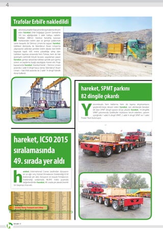 2015 SAYI : 17
4
hareket,IC502015
sıralamasında
49.sıradayeraldı
hareket, SPMT parkını
82 dingile çıkardı
I
rak enerji projeleri kapsamında taşımalarına devam
eden hareket, Erbil Doğalgaz Çevrim Santrali’ne
165 ton ağırlığındaki 2 adet trafoyu nakletti.
Trafoları ABB’nin İstanbul Kartal’da bulunan
merkezinden teslim alan ve gemiye yüklenmek
üzere karayolu ile Derince Limanı’na taşıyan hareket,
trafoların denizyolu ile İskenderun Assan Limanı’na
ulaşmasının ardından yeniden teslim alarak, Irak Erbil’e
başarıyla taşıdı. 4.85 metre yüksekliğe sahip olan
trafoların taşıması esnasında hem Türkiye, hem de Irak
güzergahı üzerinde birçok by-pass uygulaması yapan
hareket, şantiye sahasında trafoları spindle jack gantry
sistem ve kaydırma kızağı aracılığıyla monte etti. Proje
kapsamında hareket, İstanbul Kartal – Derince Limanı
arasında 2 adet 8 dingil havuz dorse, İskenderun Assan
Limanı – Irak Erbil arasında ise 2 adet 14 dingil hidrolik
dorse kullandı.
h
areket, International Cranes tarafından dünyanın
en iyi ağır vinç hizmet firmalarının listelendiği IC50
listesinde yer aldı. Dünyanın en büyük firmalarının
listelendiği sıralamada 96.993 index puanıyla
değerlendirilen hareket, 49. sırada yer alarak önemli
bir başarıya imza attı.
Y
atırımlarıyla hem kaldırma hem de taşıma ekipmanlarını
güçlendirmeye devam eden hareket, son alımlarıyla beraber
68 olan SPMT dingil sayısını 82’ye çıkardı. hareket, 14 dingillik
SPMT yatırımında Goldhofer markasını tercih ederken, yatırım
içeriğinde 1 adet 6 dingil SPMT, 2 adet 4 dingil SPMT ve 1 adet
Power Pack bulunuyor.
Trafolar Erbil’e nakledildi
2322
IC50 IC50
Cranes & Project Transport Temmuz - Ağustos 2015Cranes & Project Transport Temmuz - Ağustos 2015
IC50IC50
 