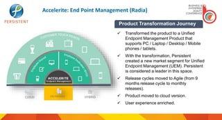 CLOUD ON PREMISE HYBRID
 Transformed the product to a Unified
Endpoint Management Product that
supports PC / Laptop / Desktop / Mobile
phones / tablets.
 With the transformation, Persistent
created a new market segment for Unified
Endpoint Management (UEM). Persistent
is considered a leader in this space.
 Release cycles moved to Agile (from 9
months release cycle to monthly
releases).
 Product moved to cloud version.
 User experience enriched.
Product Transformation Journey
Accelerite: End Point Management (Radia)
 