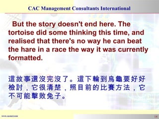 But the story doesn't end here. The tortoise did some thinking this time, and realised that there's no way he can beat the hare in a race the way it was currently formatted.  這故事還沒完沒了。這下輪到烏龜要好好檢討，它很清楚，照目前的比賽方法，它不可能擊敗兔子。 