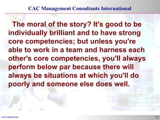 The moral of the story? It's good to be individually brilliant and to have strong core competencies; but unless you're able to work in a team and harness each other's core competencies, you'll always perform below par because there will always be situations at which you'll do poorly and someone else does well. 