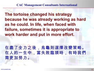 The tortoise changed his strategy because he was already working as hard as he could. In life, when faced with failure, sometimes it is appropriate to work harder and put in more effort.  在盡了全力之後，烏龜則選擇改變策略。在人的一生中，當失敗臨頭時，有時我們需更加努力。 