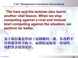 www.cacmci.com
CAC Management Consultants International
The hare and the tortoise also learnt
another vital lesson. When we stop
competing against a rival and instead
start competing against the situation, we
perform far better.
兔子和烏龜也學到了最關鍵的一課。當我們不
再與競爭對手較力，而開始逐鹿某一情境時，
我們會表現得更好。
 