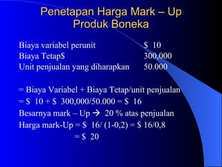 Penetapan Harga Mark – Up Produk Boneka Biaya variabel perunit $  10 Biaya Tetap$  300,000 Unit penjualan yang diharapkan  50.000 = Biaya Variabel + Biaya Tetap/unit penjualan = $  10 + $  300,000/50.000 = $  16 Besarnya mark – Up     20 % atas penjualan Harga mark-Up = $  16/ (1-0,2) = $ 16/0,8 = $  20 