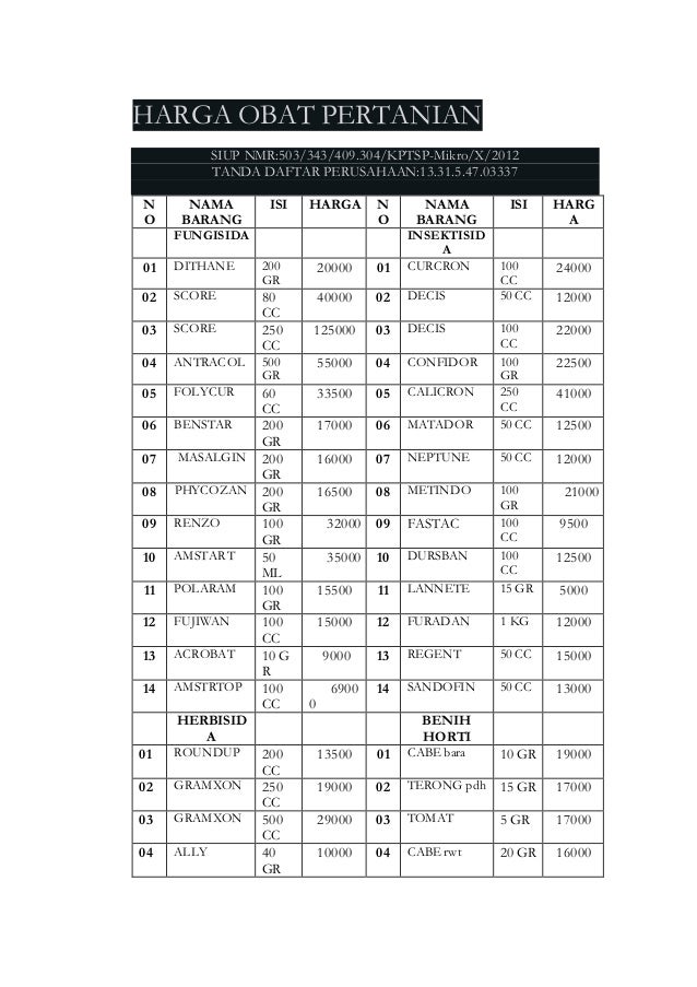 Harga obat  pertanian