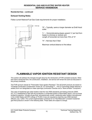 RESIDENTIAL GAS AND ELECTRIC WATER HEATER
SERVICE HANDBOOK
Residential Gas – continued
Exhaust Venting Notes
Follow current National Fuel Gas Code requirements for proper installation.
“D” – Typically, same or larger diameter as Draft Hood
outlet
“L” – Horizontal piping slopes upward ¼” per foot from
heater to chimney or vertical vent
Length of horizontal not more than 75% of “H”
“H” – Not less than 5 feet
Maximize vertical distance to first elbow
FLAMMABLE VAPOR IGNITION RESISTANT DESIGN
This section will address the changes brought about by the introduction of FVIR compliant products. Other
than items mentioned here, the construction, installation, and service will remain the same as discussed in
the primary handbook.
The FVIR acronym stands for "Flammable Vapor Ignition Resistant." The AO Smith products are based on
"Corderite Combustion Containment" known as “C3 Technology™” . The C3 Technology design features a
sealed (from non designated air intake openings) combustion chamber and a "flame arrestor" component.
This class of residential gas water heaters meet the new ANSI standards and testing protocols (ANSI
Z21.10.1) established to deal with the accidental or unintended ignition of flammable vapors, such as those
emitted by gasoline. Virtually all gas-fired, atmospherically vented, residential water heaters manufactured
in the United States with BTU ratings of 75,000 or less are required to meet this new ANSI standard
effective July 1,2003. The current implementation schedule for C3 TECHNOLOGY compliant residential
gas-fired products is shown in the following table. These dates are subject to change.
A.O. Smith Water Products Company Technical Training Department
©2006 Ashland City, TN15
 
