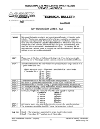 RESIDENTIAL GAS AND ELECTRIC WATER HEATER
SERVICE HANDBOOK
A.O. Smith Water Products Company Technical Training Department
©2006 Ashland City, TN65
TECHNICAL BULLETIN
BULLETIN 35
NOT ENOUGH HOT WATER - GAS
CAUSE Not enough hot water complaints are becoming more frequent in the water heater
industry. This increase was triggered when changes required by our regulatory
agencies were implemented. For example, heaters are now factory preset at a
lower temperature and inlet tubes have been shortened. While lower temperatures
settings reduce the burn rate, and shorter dip tubes guard against stacking, both
affect the amount of hot water a water heater can supply. The following test will
help determine if a water heater is supplying the intended amount of hot water and
will help pinpoint any problems that exist.
TEST Please read all the steps of the test prior to beginning. If you feel uncomfortable
performing any of these steps, contact a service person to conduct this test for you.
STEP 1 At the faucet nearest to the water heater, time (in seconds) how long it takes to fill a
1 gallon bucket (flow rate).
Gallon per minute (gpm) = 60 seconds / seconds to fill a 1 gallon bucket
If the bucket fills in: 10 sec = 6 gpm
12 sec = 5 gpm
15 sec = 4 gpm
20 sec = 3 gpm
24 sec = 2.5 gpm
STEP 2 Turn thermostat dial on the water heater so the arrow points to “A” position.
STEP 3 Run about 15 gallons of hot water from the nearest faucet. Shut water off.
STEP 4 Water heater should complete heating 15 gallons in approximately 20-35 minutes.
STEP 5 At a nearby faucet using a candy thermometer, measure the hot water temperature.
STEP 6 The temperature should fall between 120°F to 140°F.
STEP 7 Continue running the hot water until 60% of the tank capacity is depleted:
CAPACITY DEPLETE
30 gallons 18 gallons
40 gallons 24 gallons
50 gallons 30 gallons
75 gallons 45 gallons
100 gallons 60 gallons
STEP 8 At the same faucet using a candy thermometer, measure the water temperature.
STEP 9 The temperature should be about 30°F below the temperature in step 6.
THE FIX Step 6 - if the temperature was not within range, check the thermostat.
Step 9 - if more than 30 °F was lost, check the dip tube.
 