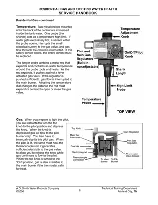RESIDENTIAL GAS AND ELECTRIC WATER HEATER
SERVICE HANDBOOK
Residential Gas – continued
Temperature: Two metal probes mounted
onto the back of the control are immersed
inside the tank water. One probe (the
shorter) acts as a temperature high limit. If
water gets excessively hot, a sensor within
the probe opens, interrupts the small
electrical current to the gas valve, and gas
flow through the control is interrupted. If this
safety sensor opens, the entire control must
be replaced.
The longer probe contains a metal rod that
expands and contracts as water temperature
around the probe cools and heats. As the
rod expands, it pushes against a lever
actuated gas valve. If the regulator is
pushed sufficiently, gas flow is interrupted to
the main burner. Adjusting the temperature
dial changes the distance the rod must
expand or contract to open or close the gas
valve.
Gas: When you prepare to light the pilot,
you are instructed to turn the top
knob to the pilot position and depress
the knob. When the knob is
depressed gas will flow to the pilot
burner only. You then have to
(manually) ignite this pilot gas. When
the pilot is lit, the flame must heat the
thermocouple until it generates
sufficient electricity to the gas valve
to allow you to release the knob while
gas continues to flow to the pilot.
When the top knob is turned to the
“ON” position, gas is also available to
the main burner if the thermostat calls
for heat.
A.O. Smith Water Products Company Technical Training Department
©2006 Ashland City, TN8
 