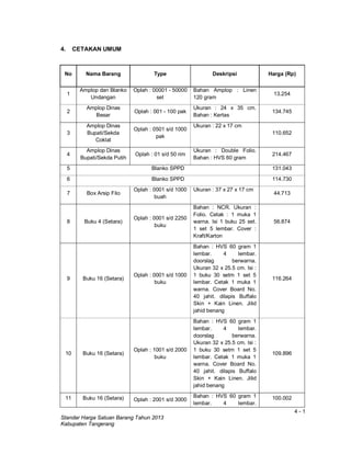 4 - 1
Standar Harga Satuan Barang Tahun 2013
Kabupaten Tangerang
4. CETAKAN UMUM
No Nama Barang Type Deskripsi Harga (Rp)
1
Amplop dan Blanko
Undangan
Oplah : 00001 - 50000
set
Bahan Amplop : Linen
120 gram
13.254
2
Amplop Dinas
Besar
Oplah : 001 - 100 pak
Ukuran : 24 x 35 cm.
Bahan : Kertas
134.745
3
Amplop Dinas
Bupati/Sekda
Coklat
Oplah : 0501 s/d 1000
pak
Ukuran : 22 x 17 cm
110.652
4
Amplop Dinas
Bupati/Sekda Putih
Oplah : 01 s/d 50 rim
Ukuran : Double Folio.
Bahan : HVS 60 gram
214.467
5 Blanko SPPD 131.043
6 Blanko SPPD 114.730
7 Box Arsip Filo
Oplah : 0001 s/d 1000
buah
Ukuran : 37 x 27 x 17 cm
44.713
8 Buku 4 (Setara)
Oplah : 0001 s/d 2250
buku
Bahan : NCR. Ukuran :
Folio. Cetak : 1 muka 1
warna. Isi 1 buku 25 set.
1 set 5 lembar. Cover :
Kraft/Karton
56.874
9 Buku 16 (Setara)
Oplah : 0001 s/d 1000
buku
Bahan : HVS 60 gram 1
lembar. 4 lembar.
doorslag berwarna.
Ukuran 32 x 25.5 cm. Isi :
1 buku 30 setm 1 set 5
lembar. Cetak 1 muka 1
warna. Cover Board No.
40 jahit. dilapis Buffalo
Skin + Kain Linen. Jilid
jahid benang
116.264
10 Buku 16 (Setara)
Oplah : 1001 s/d 2000
buku
Bahan : HVS 60 gram 1
lembar. 4 lembar.
doorslag berwarna.
Ukuran 32 x 25.5 cm. Isi :
1 buku 30 setm 1 set 5
lembar. Cetak 1 muka 1
warna. Cover Board No.
40 jahit. dilapis Buffalo
Skin + Kain Linen. Jilid
jahid benang
109.896
11 Buku 16 (Setara) Oplah : 2001 s/d 3000
Bahan : HVS 60 gram 1
lembar. 4 lembar.
100.002
 