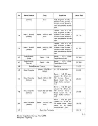 4 - 5
Standar Harga Satuan Barang Tahun 2013
Kabupaten Tangerang
No Nama Barang Type Deskripsi Harga (Rp)
(Setara) buku HVS 60 gram. 1 buku =
50 lebar. Cetak 2 muka /
1 warna. Cover Board 40.
Jahit dilapis kertas Buffalo
Skin
38
Buku 7. 8 dan 9
(Setara)
Oplah : 2001 s/d 3000
buku
Ukuran : 33.2 x 32 cm.
HVS 60 gram. 1 buku =
50 lebar. Cetak 2 muka /
1 warna. Cover Board 40.
Jahit dilapis kertas Buffalo
Skin
44.110
39
Buku 7. 8 dan 9
(Setara)
Oplah : 0001 s/d 1000
buku
Ukuran : 33.2 x 32 cm.
HVS 60 gram. 1 buku =
50 lebar. Cetak 2 muka /
1 warna. Cover Board 40.
Jahit dilapis kertas Buffalo
Skin
61.180
40
Buku Agenda
Acara
Oplah : 1-100
Bahan : HVS. Cover
Tebal Ukuran Folio
167.639
41
Buku Agenda
Tahunan
Oplah : 1-500
Bahan : HVS. Cover
Tebal Ukuran Folio
167.639
42 Buku Disposisi Penerus 5 karbonis 71.075
43 Buku Ekspedisi
Ukuran : 11 x 32 cm
Galasit
Isi : 100 lembar/buku
24.698
44
Buku Ekspedisi
(Setara)
Oplah : 001 s/d 500
buku
Bahan : HVS 60 gram.
Ukuran : 10 x 32 cm. Isi :
100 lembar. Cover :
Board Karton No. 40.
dilapis kertas samson +
linen
28.854
45
Buku Ekspedisi
(Setara)
Oplah : 501 s/d 1000
buku
Bahan : HVS 60 gram.
Ukuran : 10 x 32 cm. Isi :
100 lembar. Cover :
Board Karton No. 40.
dilapis kertas samson +
linen
27.806
46
Buku Ekspedisi
(Setara)
Oplah : 1001 s/d 1500
buku
Bahan : HVS 60 gram.
Ukuran : 10 x 32 cm. Isi :
100 lembar. Cover : Board
Karton No. 40. dilapis
kertas samson + linen
24.926
47 Buku Kas Pembantu 80.818
 