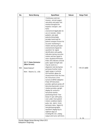 9 - 79
Standar Harga Satuan Barang Tahun 2013
Kabupaten Tangerang
No. Nama Barang Spesifikasi Satuan Harga Total
826
S.E.T. Pulse Oximeter
(Blue Screen)
Model:Radical7
Merk : Masimo Co., USA.
•Continuous and non-
invasive, arterial oxygen
saturation and pulse rate
monitor•Designed for
hospital, transport, and
home
environment•Applicable for
use on neonate, infant,
pediatric and adult
patients•Detachable
portable hand-held for
patient transport Proven for
accurate monitoring in
motion and low perfusion
environments•Signal IQ
waveform for signal
identification and quality
indication during excessive
motion and low signal to
noise situations•Perfusion
Index (PI) indicates arterial
pulse signal strength and
may be used as a
diagnostic tool during low
perfusion•FastSat tracks
rapid canges in arterial
O2•FastStart allows for
measurement from the time
the instrument is first
turned on•APOD (Adaptive
Probe Off Detection)
provides optimum probe off
detection•Automatic screen
rotation provides upright
display for vertical or
horizontal monitor
positioning•Smart Tone
beeps in sync with pulse,
even under most patient
motion conditions•SpO2,
pulse rate, alarm, trend,
perfusion index, Signal IQ
and plethysmographic
waveform display•Up to
eighteen days of
trending•RS-232, analog
output and nurse call intens
3
170.121.6000
 
