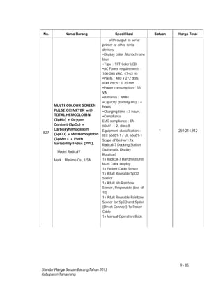 9 - 85
Standar Harga Satuan Barang Tahun 2013
Kabupaten Tangerang
No. Nama Barang Spesifikasi Satuan Harga Total
827
MULTI COLOUR SCREEN
PULSE OXIMETER with
TOTAL HEMOGLOBIN
(SpHb) + Oxygen
Content (SpOc) +
Carboxyhemoglobin
(SpCO) + MetHemoglobin
(SpMet+ + Pleth
Variability Index (PVI).
Model:Radical7
Merk : Masimo Co., USA.
with output to serial
printer or other serial
devices
•Display color :Monochrome
blue
•Type : TFT Color LCD
•AC Power requirements :
100-240 VAC, 47-63 Hz
•Pixels : 480 x 272 dots
•Dot Pitch : 0.20 mm
•Power consumption : 55
VA
•Batteries : NiMH
•Capacity (battery life) : 4
hours
•Charging time : 3 hours
•Compliance
EMC compliance : EN
60601-1-2, class B
Equipment classification :
IEC 60601-1 / UL 60601-1
Scope of Delivery:1x
Radical-7 Docking Station
(Automatic Display
Rotation)
1x Radical-7 Handheld Unit
Multi Color Display
1x Patient Cable Sensor
1x Adult Reusable SpO2
Sensor
1x Adult Hb Rainbow
Sensor, Resposable (box of
10)
1x Adult Reusable Rainbow
Sensor for SpCO and SpMet
(Direct Connect) 1x Power
Cable
1x Manual Operation Book
1 259.214.912
 