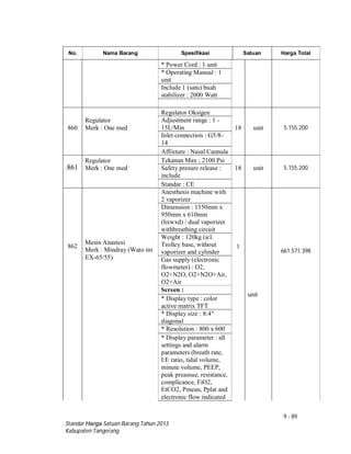 9 - 89
Standar Harga Satuan Barang Tahun 2013
Kabupaten Tangerang
No. Nama Barang Spesifikasi Satuan Harga Total
* Power Cord : 1 unit
* Operating Manual : 1
unit
Include 1 (satu) buah
stabilizer : 2000 Watt
860
Regulator
Merk : One med
Regulator Oksigen
18 unit 5.155.200
Adjustment range : 1 -
15L/Min
Inlet connection : G5/8-
14
Affixture : Nasal Cannula
861
Regulator
Merk : One med
Tekanan Max ; 2100 Psi
18 unit 5.155.200Safety presure release :
include
Standar : CE
862
Mesin Anastesi
Merk : Mindray (Wato tm
EX-65/55)
Anesthesis machine with
2 vaporizer
1
unit
661.571.398
Dimension : 1350mm x
950mm x 610mm
(hxwxd) / dual vaporizer
withbreathing circuit
Weight : 120kg (icl.
Trolley base, without
vaporizer and cylinder
Gas supply (electronic
flowmeter) : O2,
O2+N2O, O2+N2O+Air,
O2+Air
Screen :
* Display type : color
active matrix TFT
* Display size : 8.4"
diagonal
* Resolution : 800 x 600
* Display parameter : all
settings and alarm
parameters (breath rate,
I:E ratio, tidal volume,
minute volume, PEEP,
peak preassue, resistance,
complicance, FiO2,
EtCO2, Pmean, Pplat and
electronic flow indicated
 