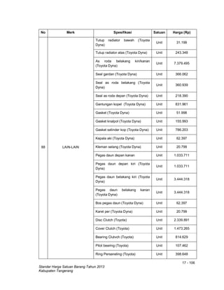 17 - 106
Standar Harga Satuan Barang Tahun 2013
Kabupaten Tangerang
No Merk Spesifikasi Satuan Harga (Rp)
88 LAIN-LAIN
Tutup radiator bawah (Toyota
Dyna)
Unit 31.199
Tutup radiator atas (Toyota Dyna) Unit 243.348
As roda belakang kiri/kanan
(Toyota Dyna)
Unit 7.379.495
Seal gardan (Toyota Dyna) Unit 366.062
Seal as roda belakang (Toyota
Dyna)
Unit 360.939
Seal as roda depan (Toyota Dyna) Unit 218.390
Gantungan kopel (Toyota Dyna) Unit 831.961
Gasket (Toyota Dyna) Unit 51.998
Gasket knalpol (Toyota Dyna) Unit 155.993
Gasket selinder kop (Toyota Dyna) Unit 786.203
Kepala aki (Toyota Dyna) Unit 62.397
Kleman selang (Toyota Dyna) Unit 20.799
Pegas daun depan kanan Unit 1.033.711
Pegas daun depan kiri (Toyota
Dyna)
Unit 1.033.711
Pegas daun belakang kiri (Toyota
Dyna)
Unit 3.444.318
Pegas daun belakang kanan
(Toyota Dyna)
Unit 3.444.318
Bos pegas daun (Toyota Dyna) Unit 62.397
Karet per (Toyota Dyna) Unit 20.799
Disc Clutch (Toyota) Unit 2.339.891
Cover Clutch (Toyota) Unit 1.473.265
Bearing Clutvch (Toyota) Unit 814.629
Pilot bearing (Toyota) Unit 107.462
Ring Perseneling (Toyota) Unit 398.648
 