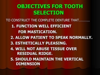 OBJECTIVES FOR TOOTH SELECTION   TO CONSTRUCT THE COMPLETE DENTURE THAT………… 1. FUNCTION WELL EFFICIENT    FOR MASTICATION. 2. ALLOW PATIENT TO SPEAK NORMALLY. 3. ESTHETICALLY PLEASING. 4. WILL NOT ABUSE TISSUE OVER     RESIDUAL RIDGE. 5. SHOULD MAINTAIN THE VERTICAL  DIMENSION  