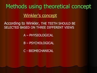 Methods using theoretical concept Winkler's concept According to Winkler,  THE TEETH SHOULD BE SELECTED BASED ON THREE DIFFERENT VIEWS A – PHYSIOLOGICAL B – PSYCHOLOGICAL C - BIOMECHANICAL  