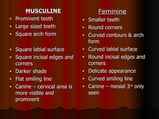 MUSCULINE Prominent teeth Large sized teeth  Square arch form Square labial surface Square incisal edges and corners Darker shade Flat smiling line Canine – cervical area is more visible and prominent  Feminine   Smaller teeth Round corners  Curved contours & arch form Curved labial surface Round incisal edges and corners Delicate appearance Curved smiling line Canine – mesial 3 rd  only seen 