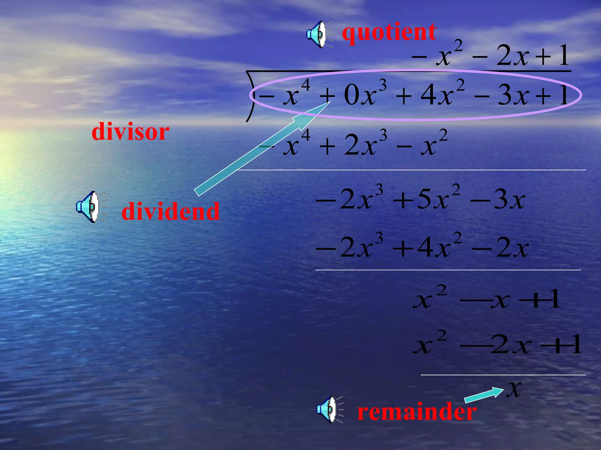 quotient

− x − 2x + 1
4
3
2
− x + 0 x + 4 x − 3x + 1
divisor
dividend

− x + 2x − x
4

3

2

2

− 2 x + 5 x − 3x
3

2

− 2x + 4x − 2x
3

2

x −x +
1
2

x 2 −2 x +
1
remainder

x

 
