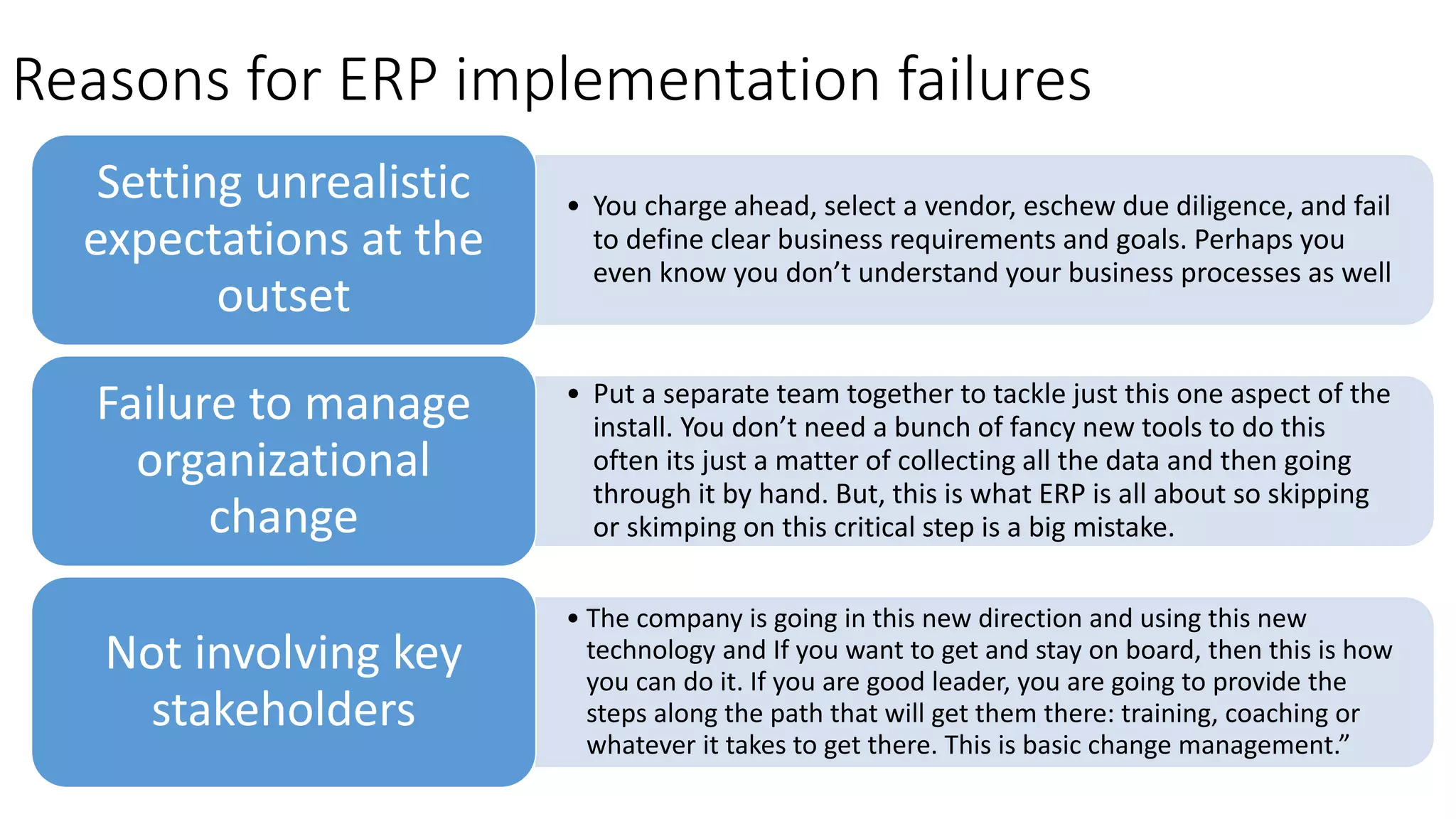 Reasons for ​ERP implementation failures
• You charge ahead, select a vendor, eschew due diligence, and fail
to define clear business requirements and goals. Perhaps you
even know you don’t understand your business processes as well
Setting unrealistic
expectations at the
outset
• Put a separate team together to tackle just this one aspect of the
install. You don’t need a bunch of fancy new tools to do this
often its just a matter of collecting all the data and then going
through it by hand. But, this is what ERP is all about so skipping
or skimping on this critical step is a big mistake.
Failure to manage
organizational
change
• The company is going in this new direction and using this new
technology and If you want to get and stay on board, then this is how
you can do it. If you are good leader, you are going to provide the
steps along the path that will get them there: training, coaching or
whatever it takes to get there. This is basic change management.”
Not involving key
stakeholders
 